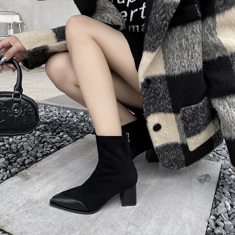 M899-6时装靴6cm秋冬季爆款后拉链显瘦短靴粗跟尖头瘦瘦靴网红