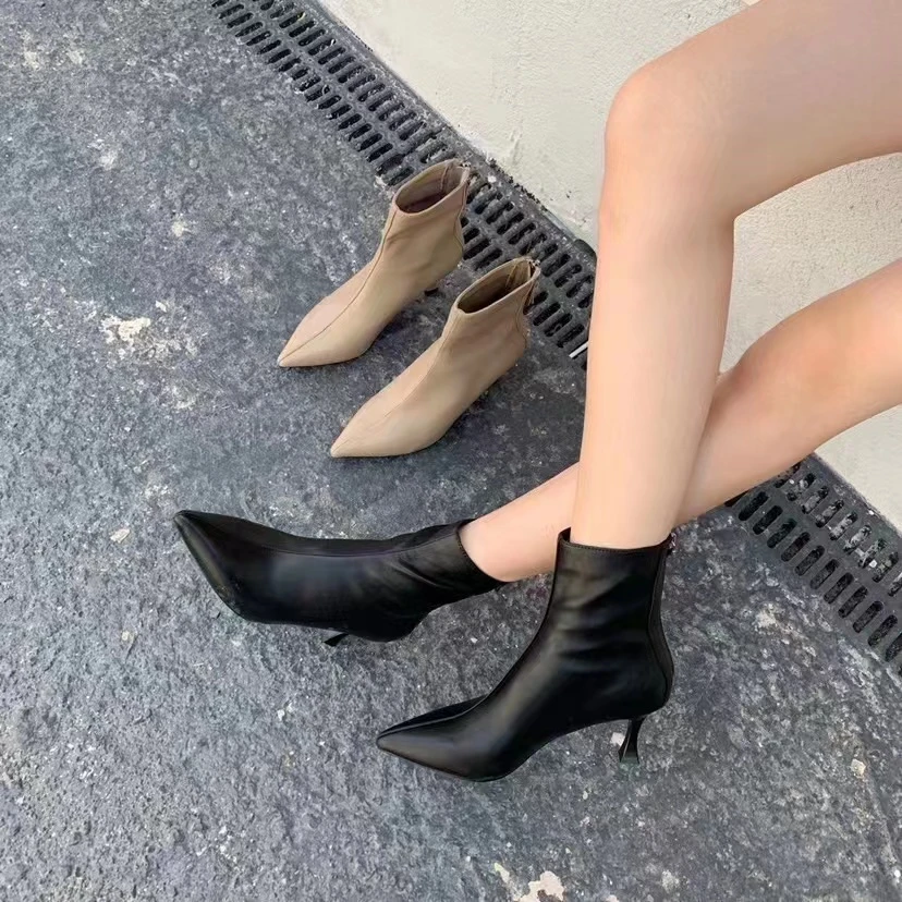 20201【6公分】尖头后拉链百搭小跟时装靴气质潮流女鞋舒适短靴细跟