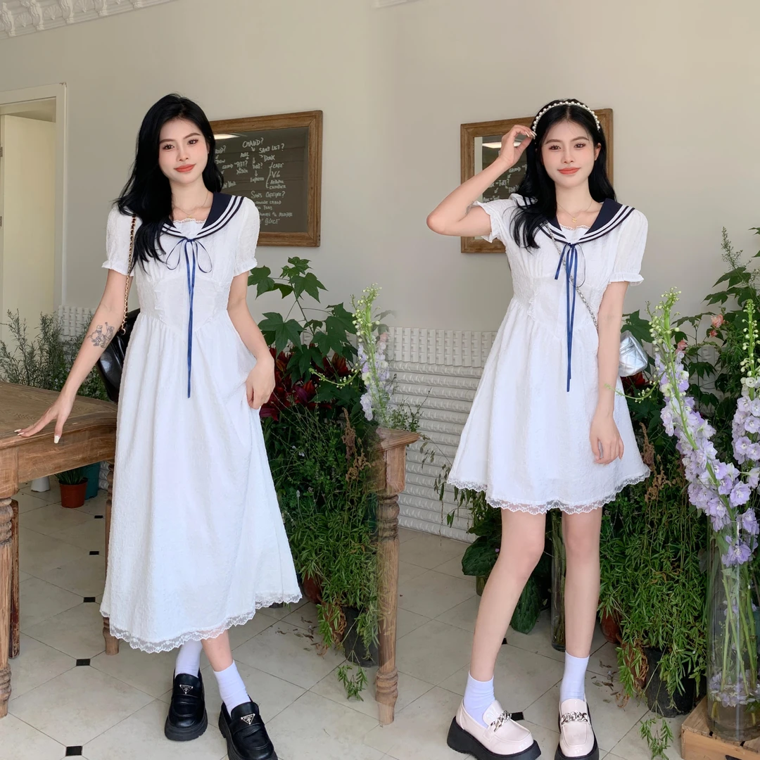 微胖mm大码女装海军领学院风JK夏季连衣裙气质显瘦收腰遮肚a字裙