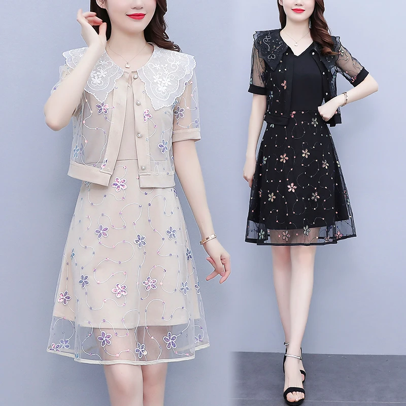 时尚高端网纱拼接连衣裙大码女装2025夏季新款遮肚显瘦气质两件套