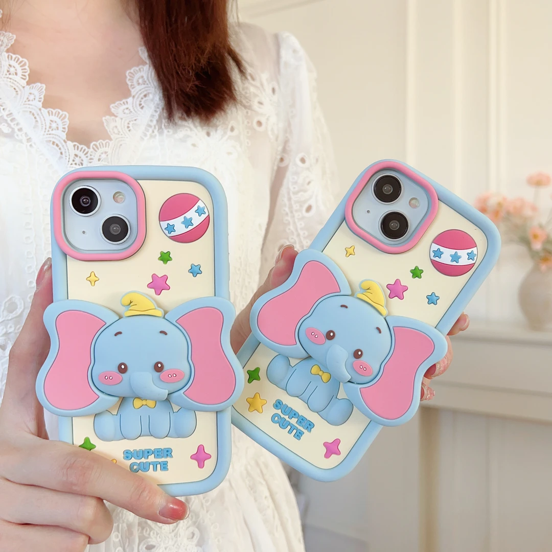 可爱卡通小飞象支架适用iPhone15全包mate60软硅胶创意防摔手机壳