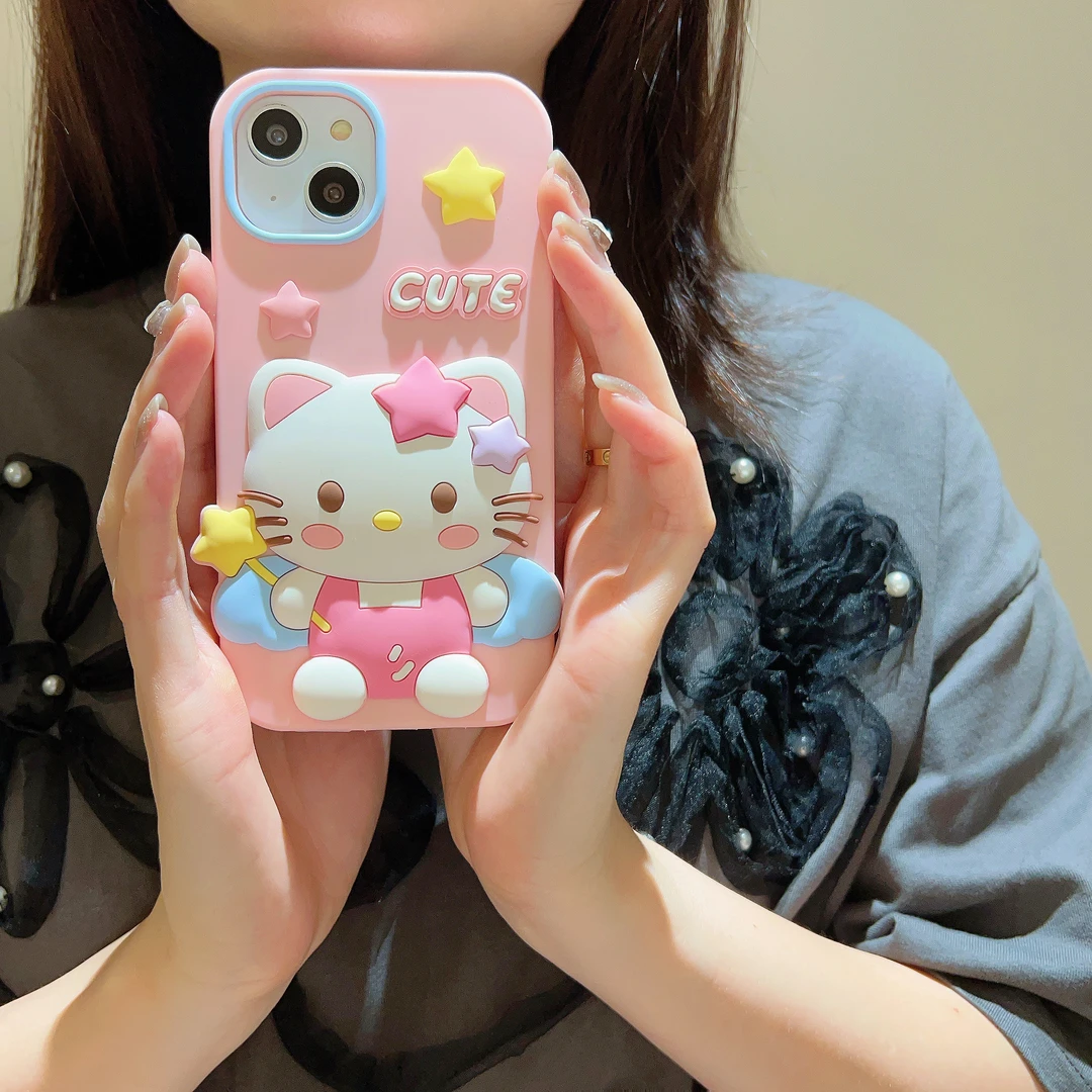 星星棒KT猫卡通可爱创意适用iPhone15女款全包硅胶立体防摔手机壳