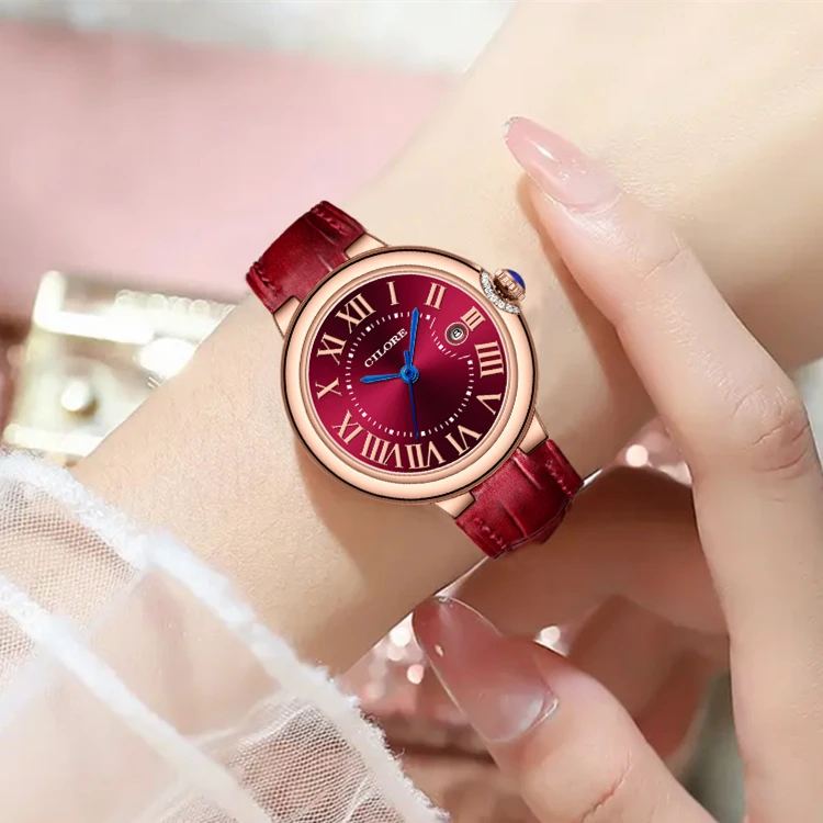 气球系列 女士全自动机械腕表百搭日历款蝴蝶扣真皮表带（富婆）