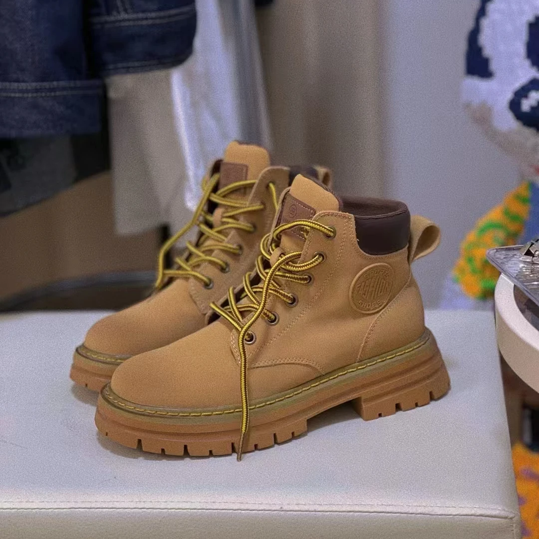 真皮马丁靴女大黄靴厚底款爆款秋冬英伦风百搭短靴子黄色马丁靴