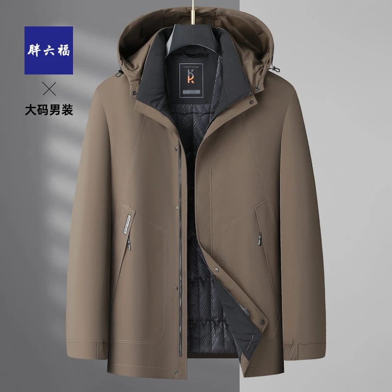 胖六福冬季新款男式保暖棉衣胖子加肥加大码上衣加厚连帽棉服外套