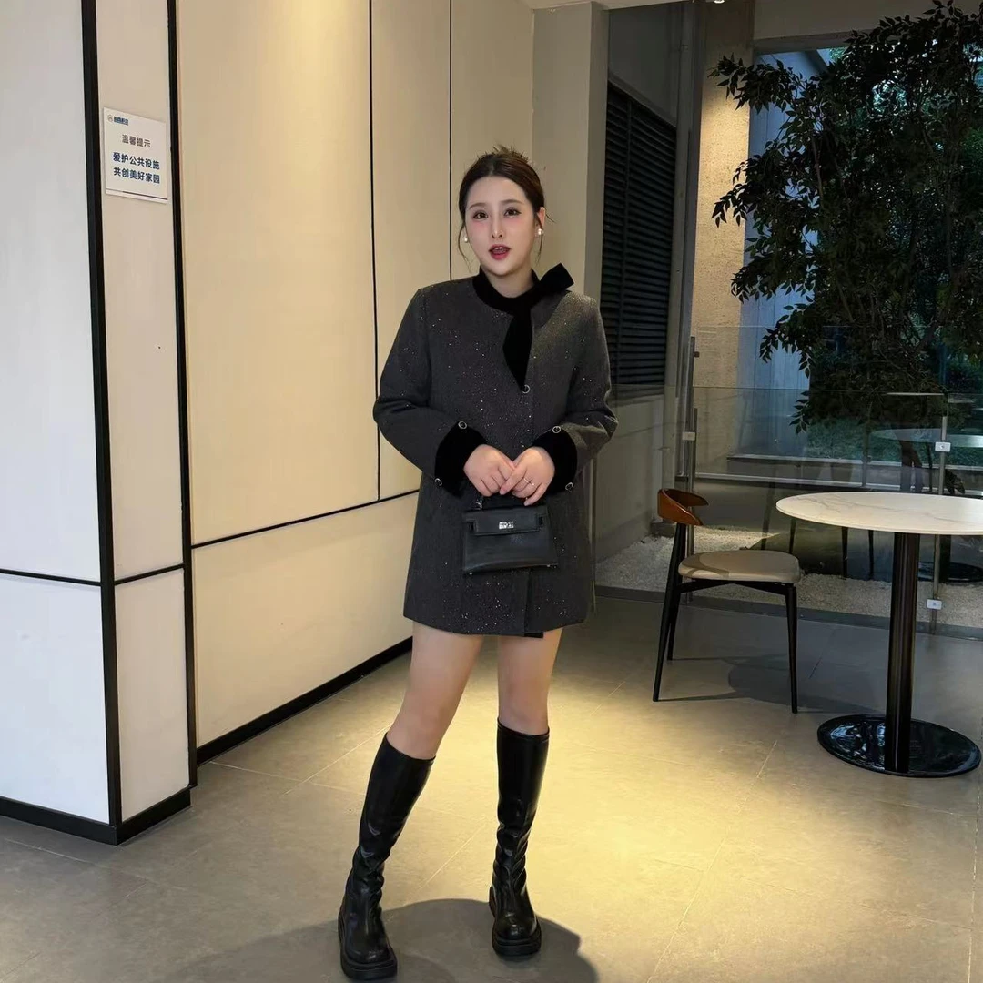 微胖温柔【乱世佳人】复古丝绒拼接蝴蝶结显瘦羽绒小香外套WR9063