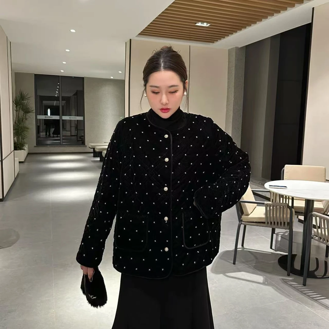 微胖温柔【耀眼银星】小香风法式千金风重工宽松闪闪丝绒外套WR9083