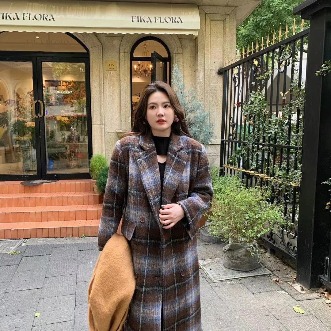 微胖温柔【格纹欧尼】正肩气质韩版廓形毛呢大衣2338