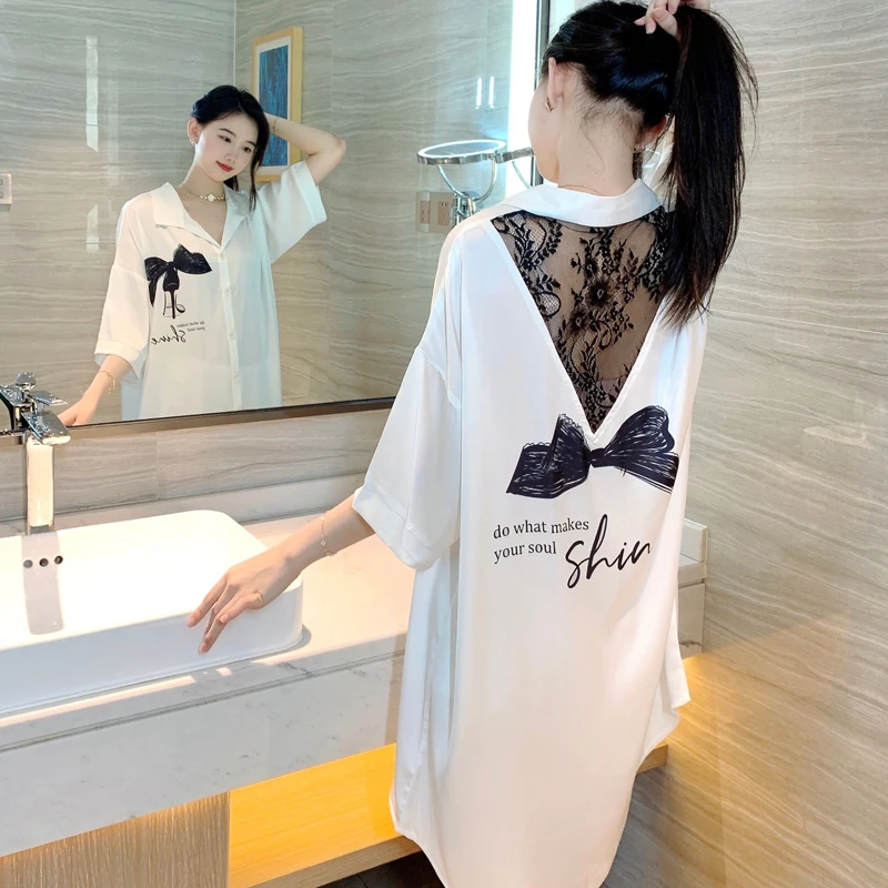 2025年网红爆款睡裙女新款夏季冰丝薄款性感白衬衫中长款夏天睡衣