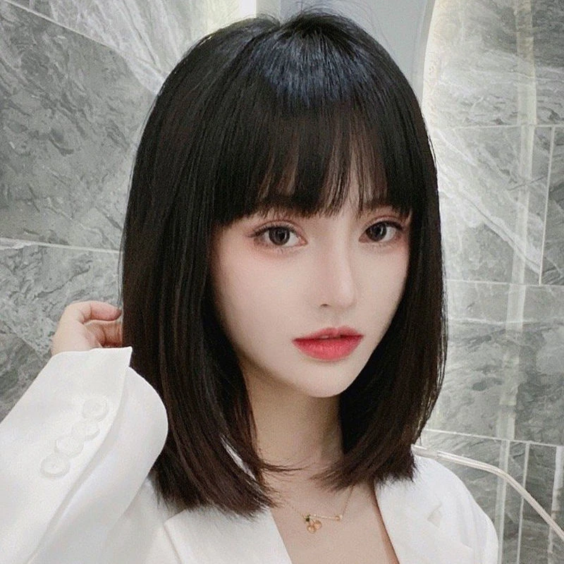 假发女中长发法式空气刘海内扣中长发网红圆脸自然锁骨发全头套式