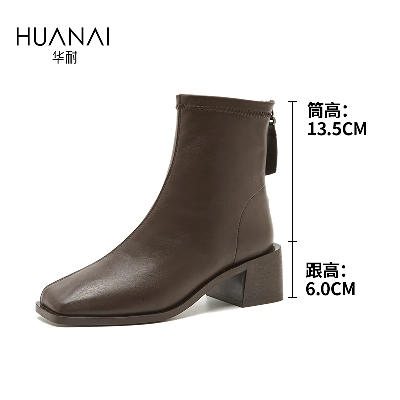 92327393时尚百搭真皮粗跟高跟方头秋冬瘦瘦靴