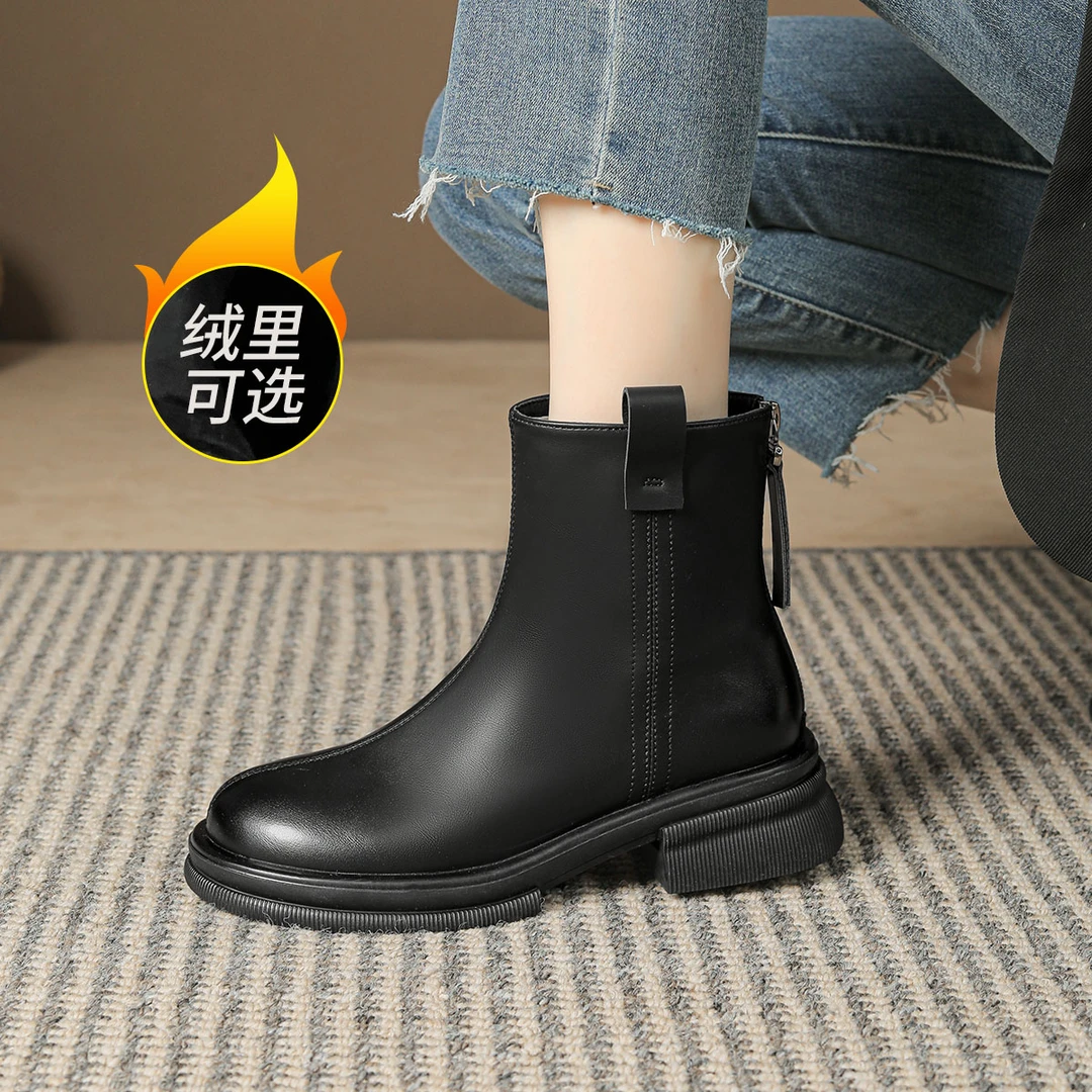 短靴女百搭真皮粗跟厚底加绒英伦风秋冬绒里切尔西靴子【LP】