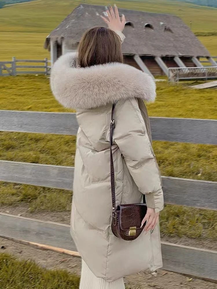 高端工装新款羽绒服女中长款2023冬季韩版白鸭绒大毛领修身加厚女