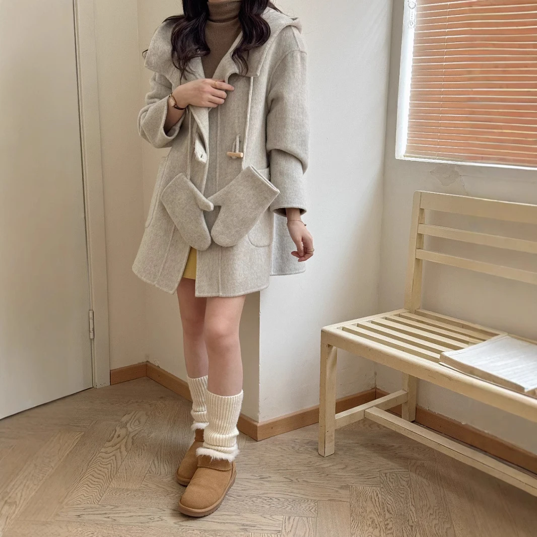 N她 带手套牛角扣连帽双面羊毛大衣中长款宽松大口袋加厚羊绒双面