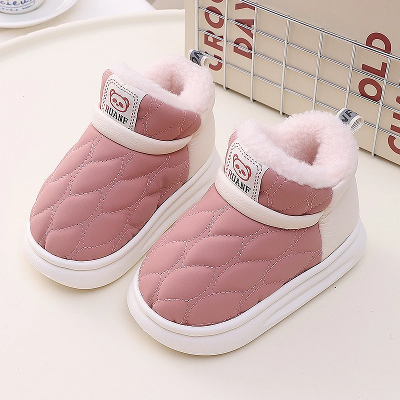 儿童棉拖鞋冬季男宝宝室内外皮面防水家居鞋女大小童高帮保暖棉鞋