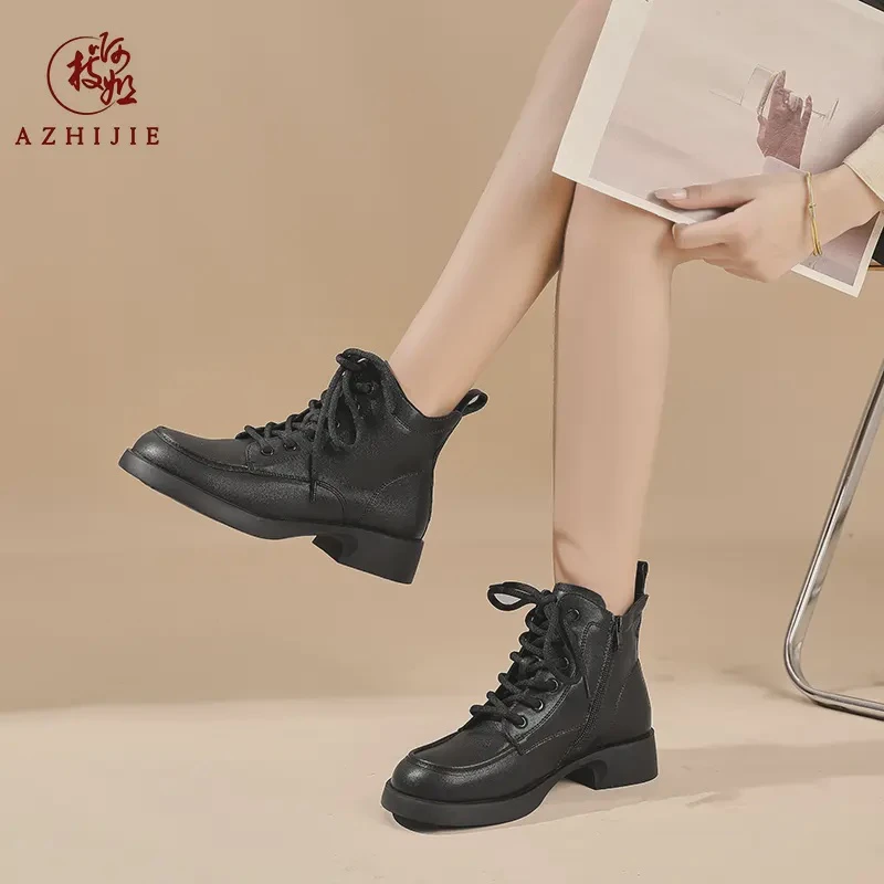 啊枝姐真皮女款2024新款冬季1188粗跟百搭英伦风加绒短靴马丁靴