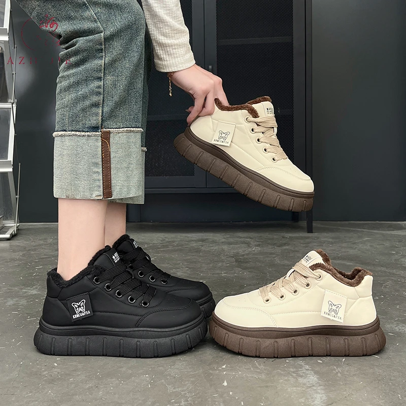 【杨少专属】真皮女鞋高帮百搭休闲厚底棉鞋HS06-3加绒保暖冬季新款