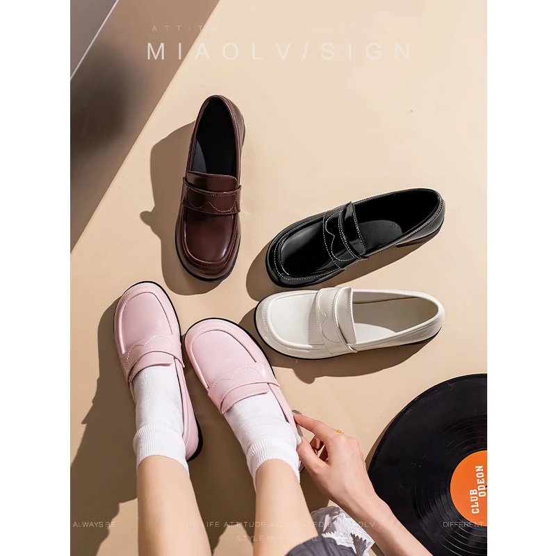 M50 妙侣少女心结~厚底粗跟乐福鞋女2023年夏季一脚蹬圆头小皮鞋