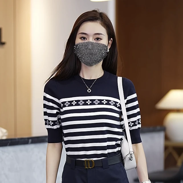 [主播身上同款]法式圆领针织显瘦衫长袖优雅条纹百搭时尚宽松韩版