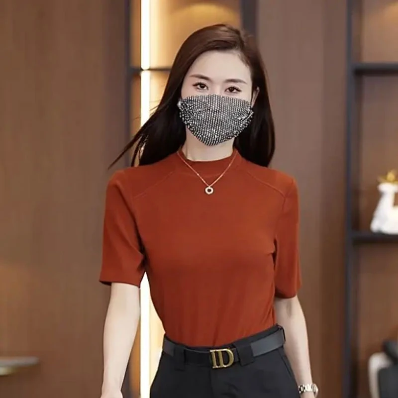 春季显瘦正肩中袖T恤女士百搭韩版气质立领上衣纯色内搭打底衫316