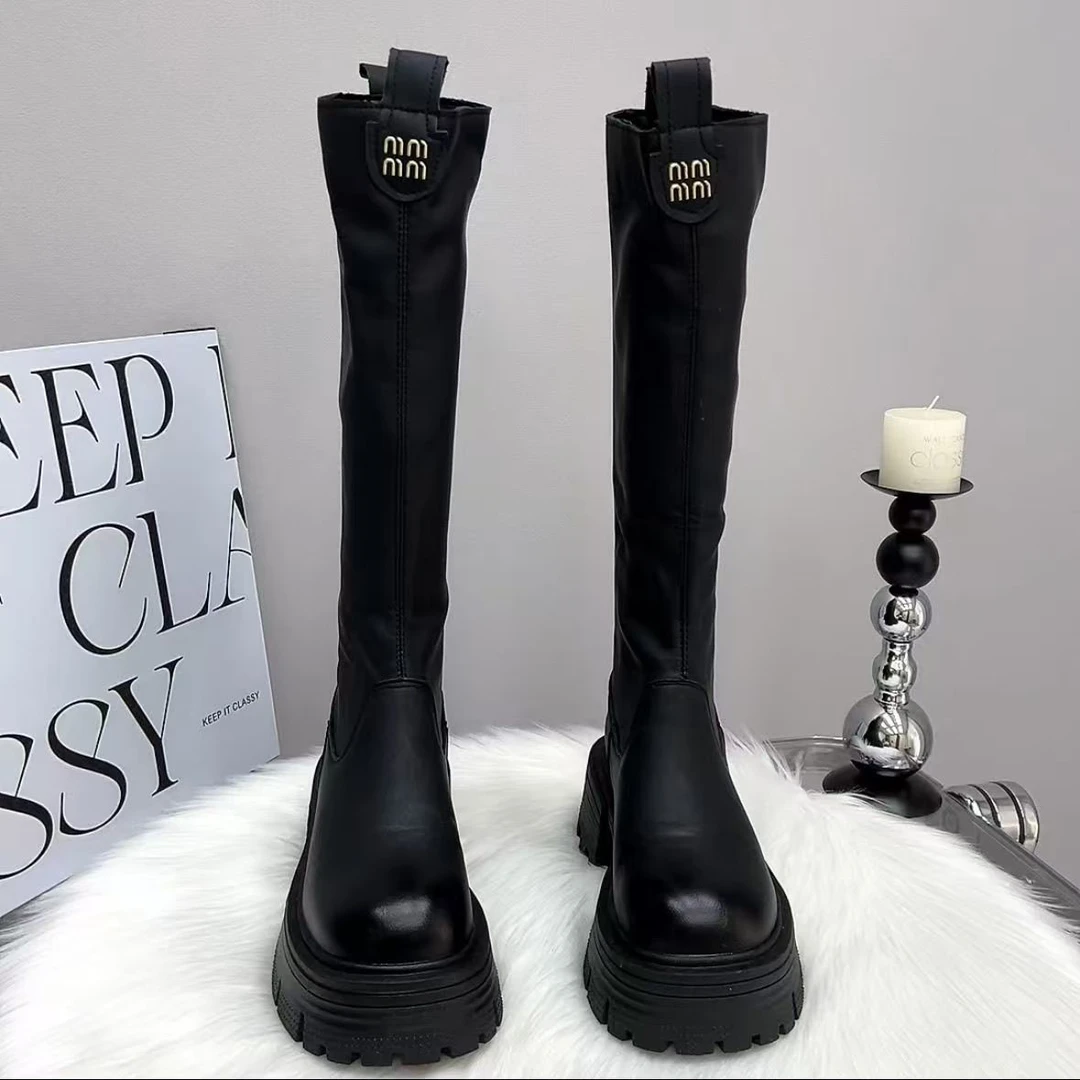 长筒靴增高厚底小个子时尚长靴子后拉链字母印花弹力瘦瘦骑士靴
