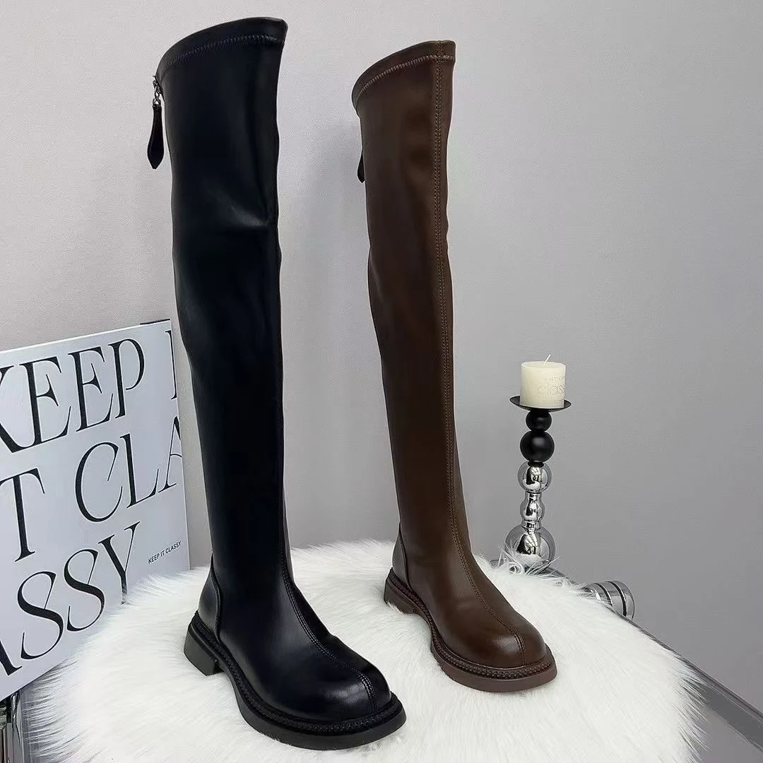 过膝靴子长靴女2024冬季新款加绒平底高筒靴高个子骑士瘦瘦长筒靴