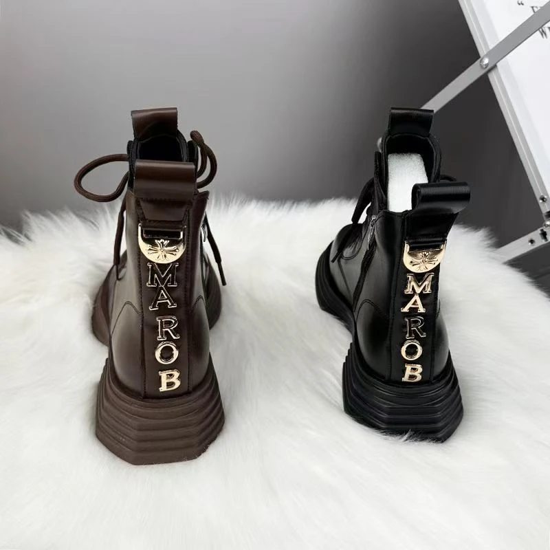 英伦风马丁靴秋冬厚底女加绒时尚字母扣增高防滑粗跟短靴百搭靴子
