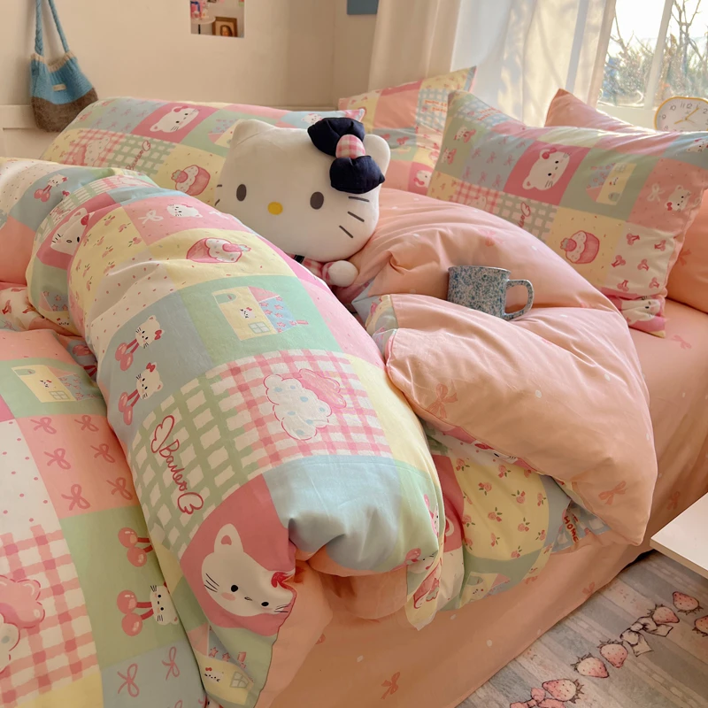 可爱卡通猫咪纯棉全棉四件套加厚单人学生宿舍床品三件套床笠四件