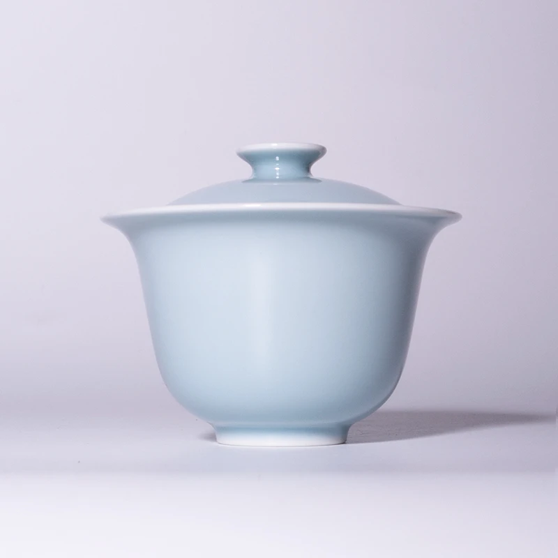 龙圣华苑景德镇谷雨山房天蓝釉灵泽盖碗纯手工原矿单色釉两才茶碗