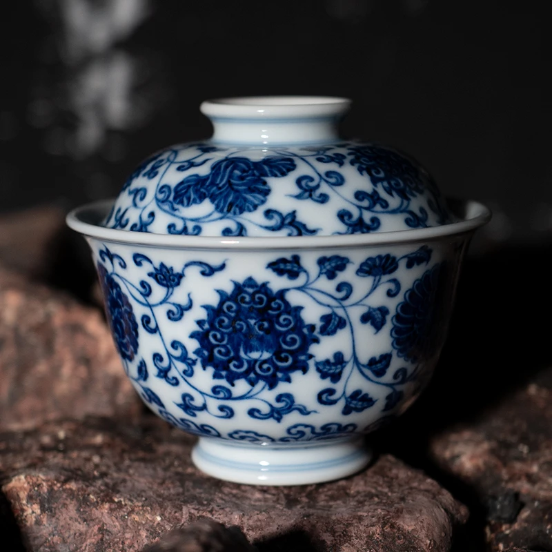 龙圣华苑陶人临古手绘青花缠枝莲元宝盖碗手工仿古陶瓷两才泡茶碗