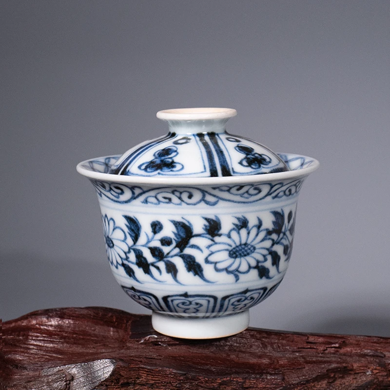 龙圣华苑 景德镇周棋稳溪兰仰元手绘仿元青花缠枝花卉小盖碗