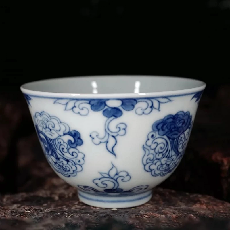 龙圣华苑景德镇陶人临古手绘青花祥云灵芝纹花神杯名家手工主人杯