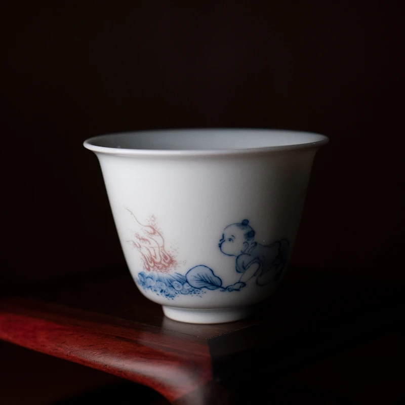 龙圣华苑景德镇谷雨山房【尹曰】手绘青花釉里红人丁兴旺奇古杯茶杯