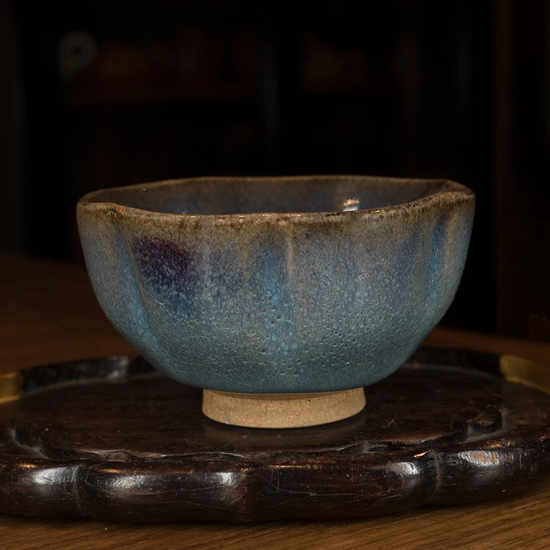 龙圣华苑河南小神仙窑王铮仿古釉钧瓷天蓝紫斑花口碗名家手工茶杯