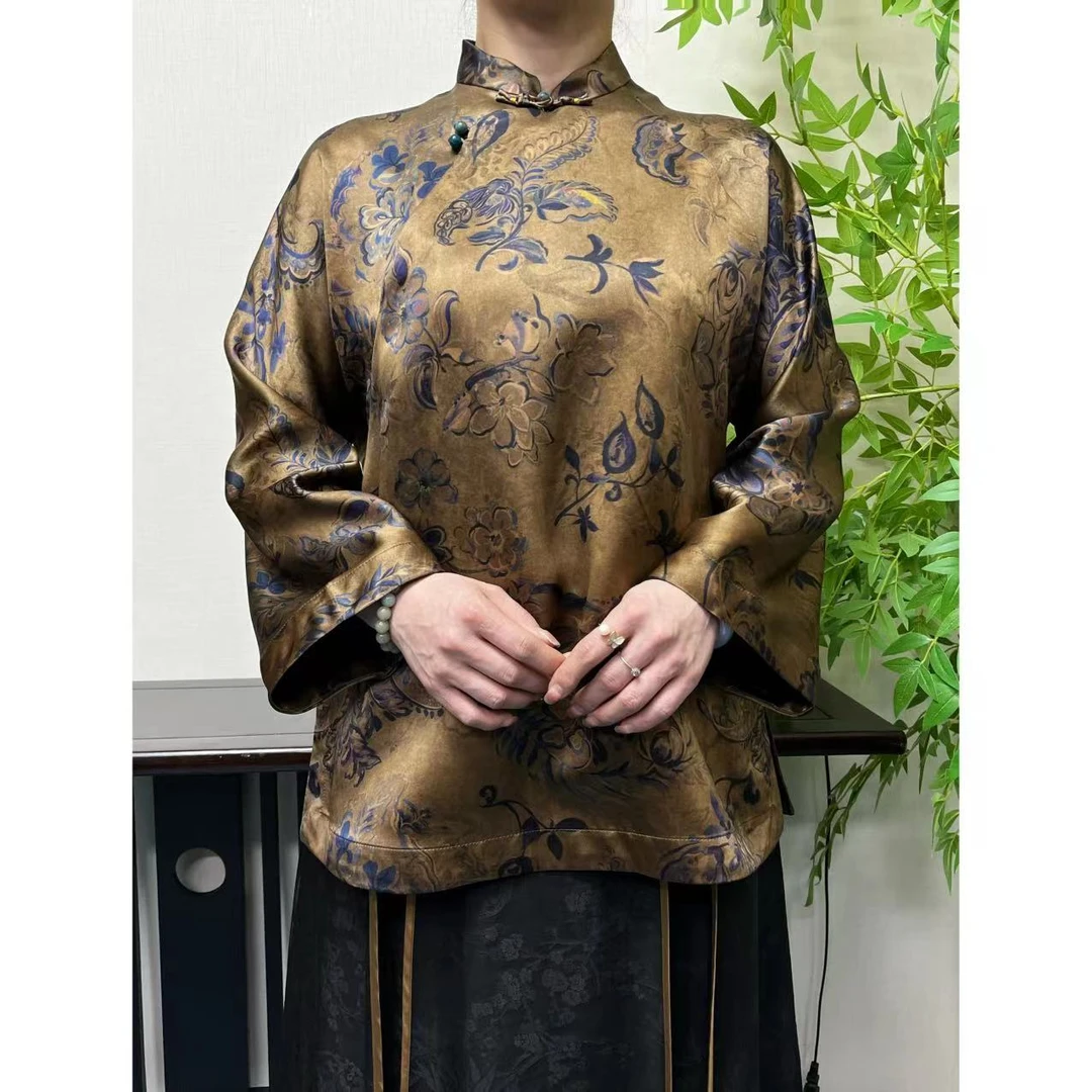 【佳鑫香云纱】香云纱桑蚕丝国风大气春秋款上衣T恤ST-TF2330013