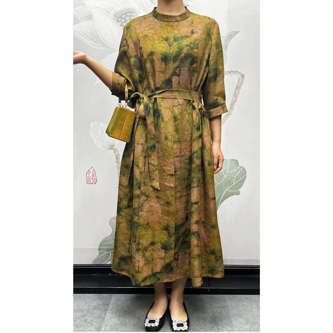 【佳鑫香云纱】连衣裙长裙复古网红裙子修身扎染裙子提花LBF-9236