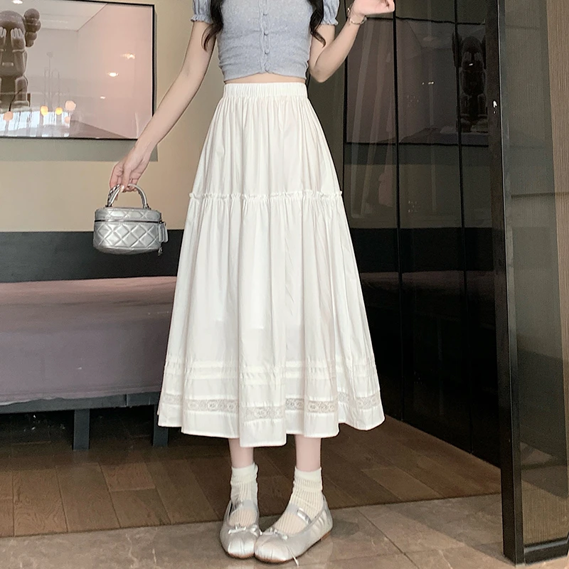 蕾丝蛋糕裙长裙春季纯色半身裙百褶裙半身裙显瘦裙子高腰白色