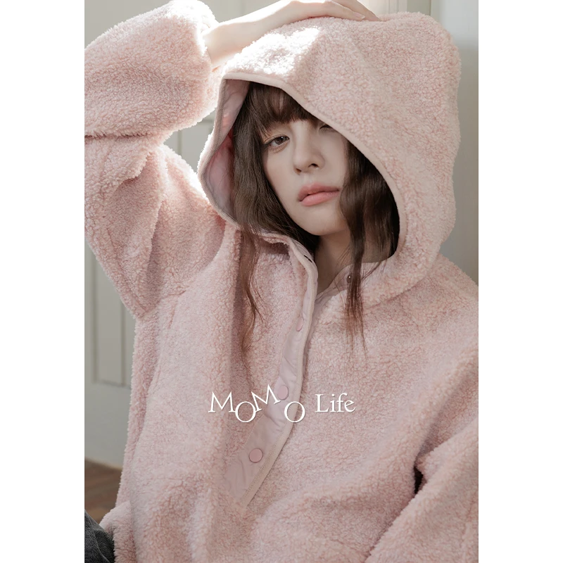 Momolife温柔软fufu~泡泡粉秋冬女温暖宽松连帽外套毛毛卫衣绒衫