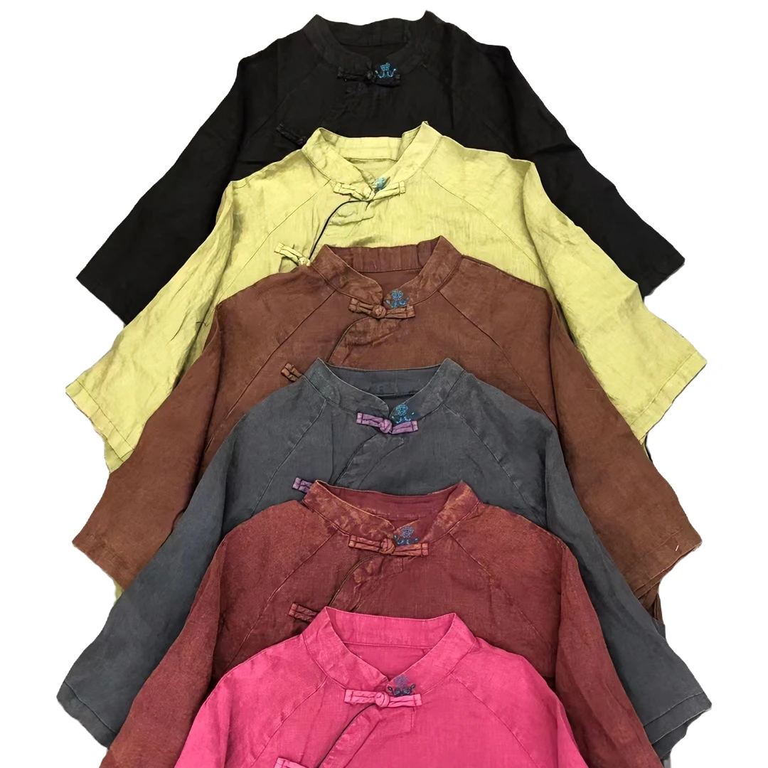 小红家国风复古中式中国风宽松时尚潮牌亚麻偏巾立领中袖开衫上衣