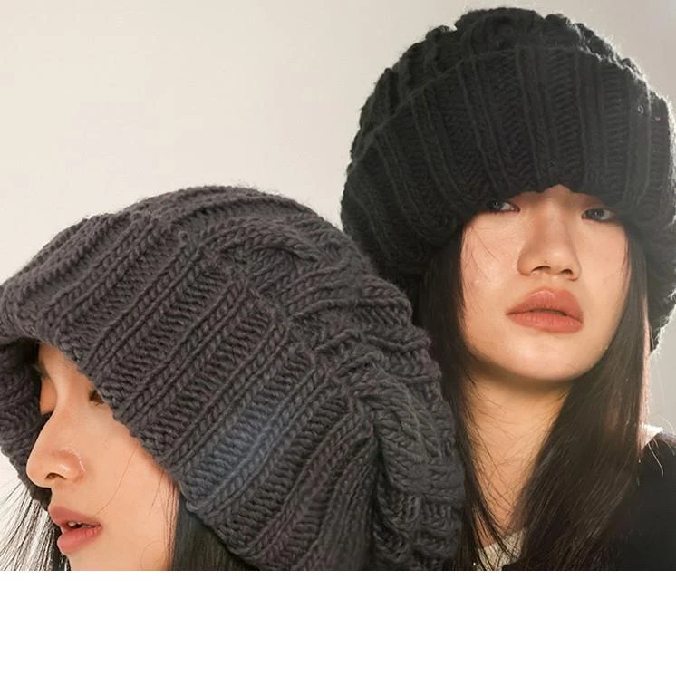 宽松大头围毛线帽女秋冬黑色粗针织帽子麻花加厚毛线帽灰色冷帽男