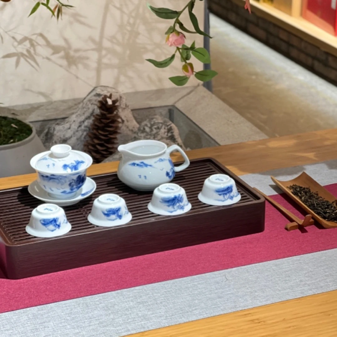 干泡台电木青花瓷陶瓷茶盘干泡盘长40宽20家用长方形托盘干湿两用