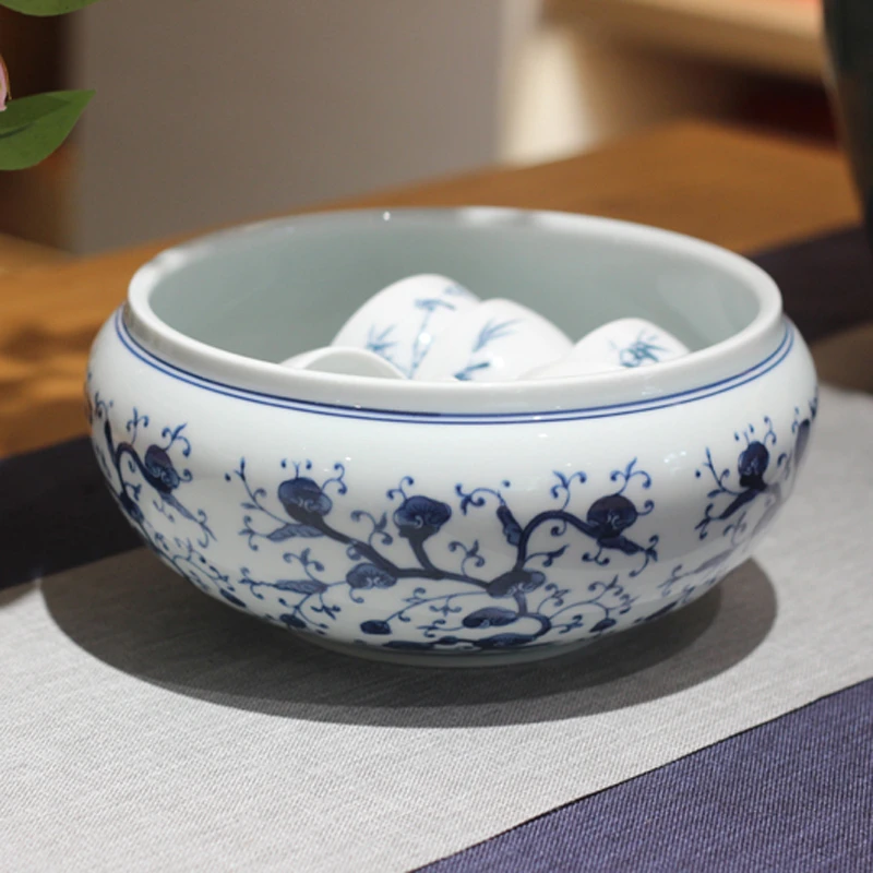 京德青花瓷灵芝大水洗景德镇贵和祥陶瓷茶洗大号手工洗杯茶具家用