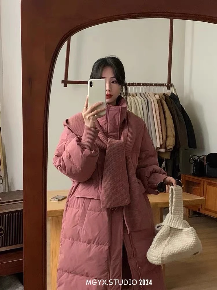 韩系针织披肩帽收腰白鸭绒羽绒服女长款过膝显瘦外套