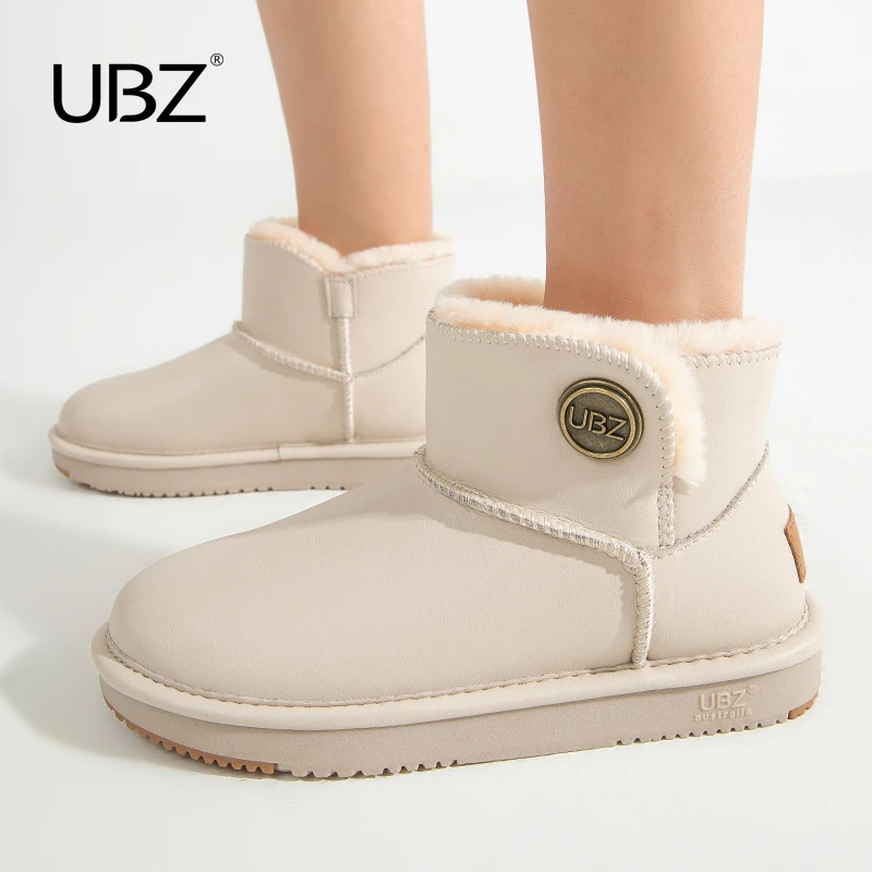 UBZ 防水皮面雪地靴女加绒加厚2023年新款冬季一脚蹬防滑短筒棉鞋