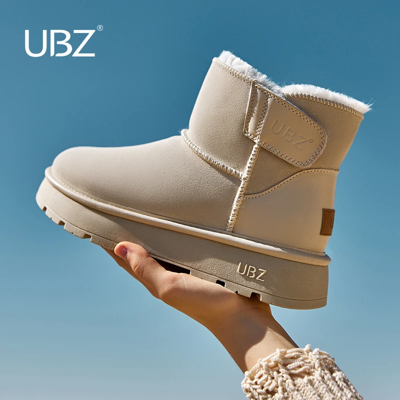 UBZ厚底防水增高雪地靴女2025新款冬短筒魔术贴加绒加厚白色棉鞋