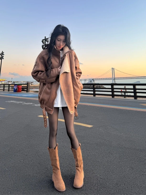 冬季杨树林同款pu机车港风复古皮毛一体皮衣外套百搭加绒显瘦