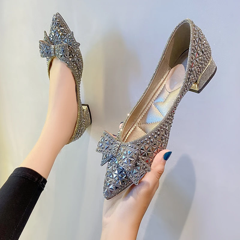 sendijia/森迪加蝴蝶结透气舒适满钻水钻小单鞋粗跟软底软面女鞋