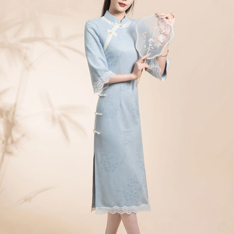0603蓝色旗袍年轻款少女复古倒大袖连衣裙秋冬小个子