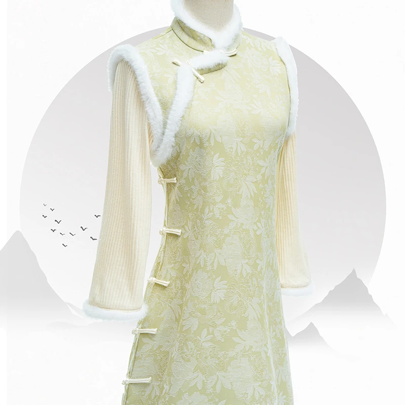 8199绿色改良旗袍年轻款日常少女气质中式国风连衣裙冬季加绒加厚