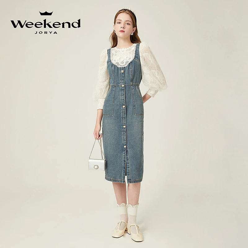 卓雅周末秋季新款时尚休闲牛仔拼接显瘦连衣裙女EJWDCC50